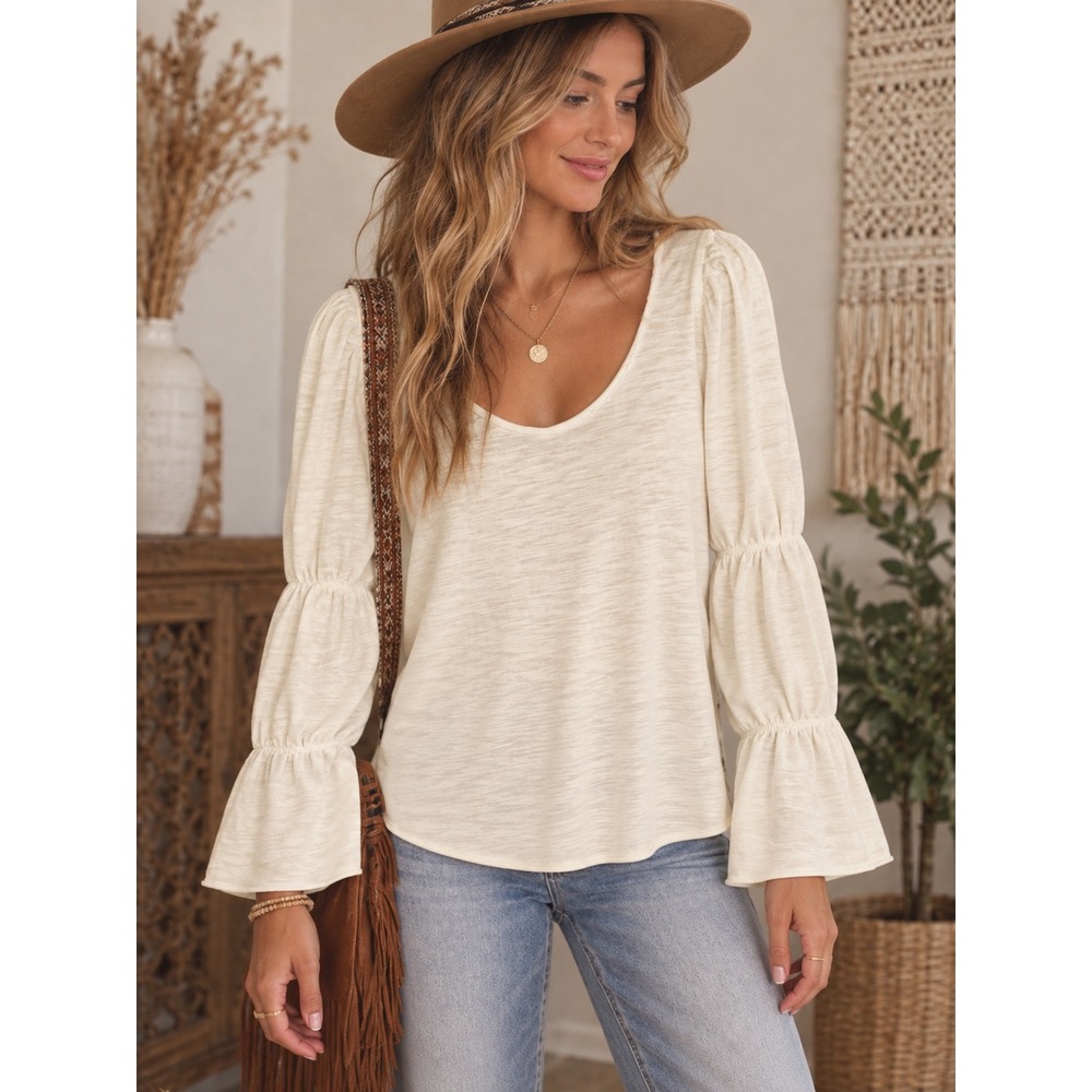 Nation LTD Off White Cotton Slub Puff Sleeve Scoop Neck Top Small